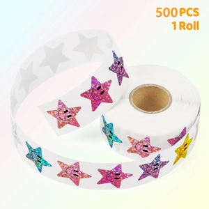 Roll of 500 holographic smile star stickers with colorful glitter foil for rewards