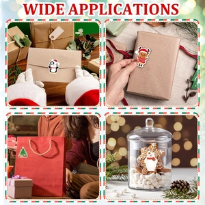 Multiple uses of festive Christmas stickers on gift bags, envelopes and jars