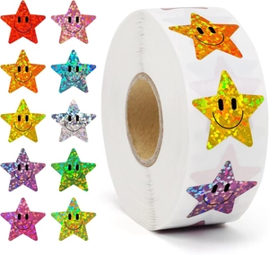 Macro detail of colorful holographic smiley star stickers on a roll for students