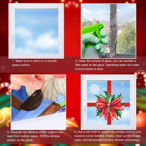 Christmas bow window clings installation guide showing four steps on festive background