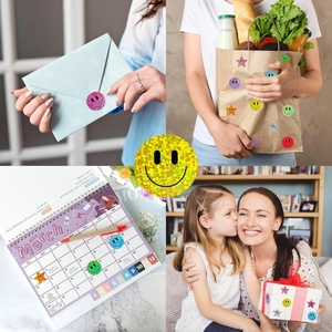 Glitter smiley face and star stickers used on gift bags, calendars, and envelopes