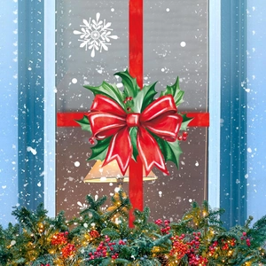 Christmas window decals featuring red bow with holly leaves and white snowflakes