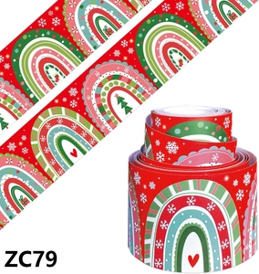 Macro detail of Christmas boho rainbow bulletin board border with snowflakes and trees