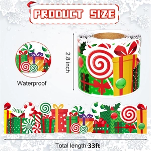 Christmas bulletin board border with gift box and candy motifs, 2.8 inch x 33ft, waterproof