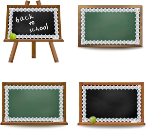 Detail of blue wavy bulletin board border with holographic snowman faces on blackboards