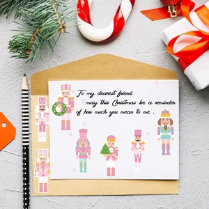 Autocollants de Noël Casse-Noisette rose avec carte de vœux et emballage festif