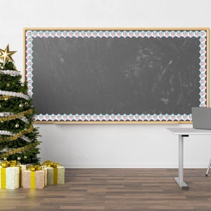 Holographic snowman bulletin board border sticker around a blackboard in a festive room