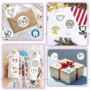 Cartoon dental care sticker set featuring cute tooth fairy designs on water bottles and gifts
