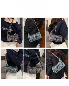 Collage of denim shoulder bags in vintage blue and dark grey with utility pockets