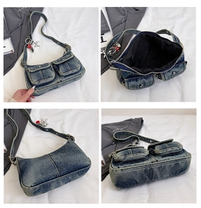 Detail view of Y2K denim hobo bag featuring cargo pockets and rabbit charm