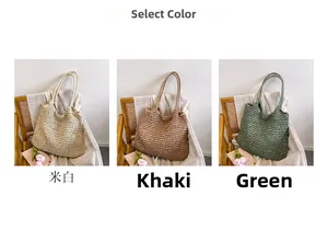 Straw tote bag in beige, khaki, and green colors showing woven texture on a wooden chair