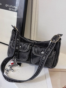Retro Washed Denim Underarm Bag For Women Streetwear Y2K Fashion Small Shoulder Bag With Multi Pocket And Metal Pendant
