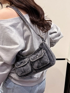 Y2K style dark grey washed denim shoulder bag with double pockets and metal hardware