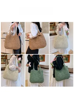 Three colors of straw woven tote bags shown with a model in a warm indoor setting