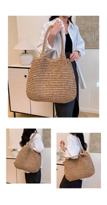 Three-view layout of handwoven straw tote bag showing capacity and large shoulder strap