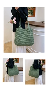 Detail of green handmade crochet woven tote bag showing texture and spacious design