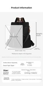 Detailed size chart for black nylon backpack showing dimensions 33x14x31cm and weight