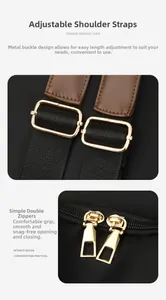 Detail of black backpack featuring gold metal zippers and adjustable buckle straps