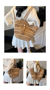 Detail shots of a hollow woven straw tote bag with tassels and vibrant yellow lining