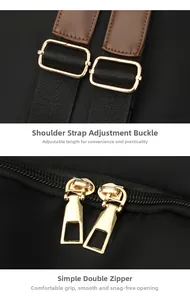 Detail of adjustable shoulder strap buckle and smooth double zipper on black backpack
