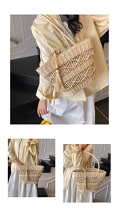 Detail of bohemian hollow straw tote bag with elegant tassels and wooden bead accents
