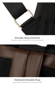 Detail of black nylon backpack with brown leather trim and golden metal hardware rings