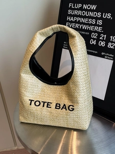 Woven Straw Underarm Tote Bag Casual Summer Vacation Shoulder Handbag For Women Simple Letter Print Large Capacity Beach Bag