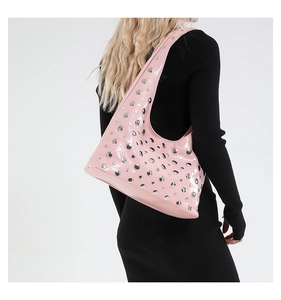 Pink glossy rivet shoulder underarm bag detail, trendy casual PU leather women handbag.