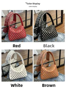 Color display of four rivet studded shoulder bags in red, black, white, and brown shades