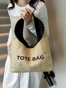 Chic beige raffia woven tote bag with black TOTE BAG print for women's summer vacation