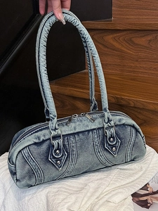Retro wash denim Boston bag with cylinder handles and silver rivets for women