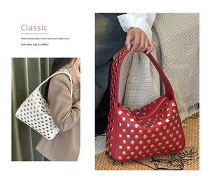 Detail view of studded hobo bags in red and white colors with silver metal rivets