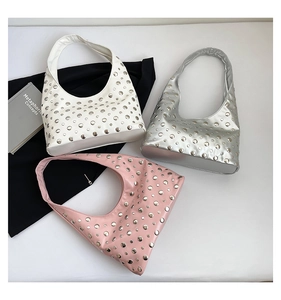 Detailed comparison of white, silver, and pink studded faux leather hobo tote bags