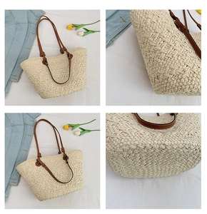Detail of hand-woven straw tote bag with brown leather straps and wide base design