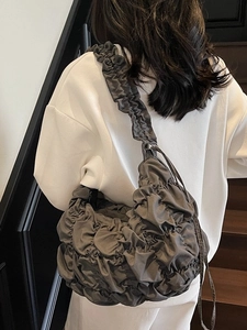 Dark grey pleated cloud shoulder bag with minimalist crescent moon shape for women
