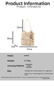 Detailed size guide for the woven straw shoulder bag with tassel and wood bead accents