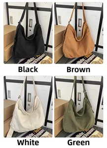 Detailed grid view showing large canvas crossbody bags in black, brown, white, and green