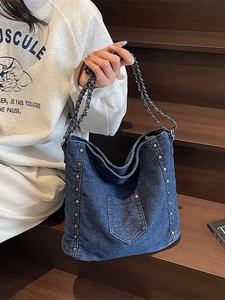 Women Retro Denim Shoulder Bag With Rivet Studs American Style Lazy Hobo Bag Chain Strap Washed Jeans Tote Messenger Bag