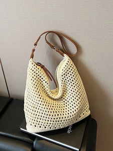 Hand-woven Straw Tote Bag For Women Large Capacity Hollow Out Shoulder Bag Summer Beach Vacation Casual Hobo Bag