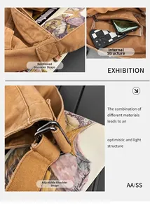 Detail view of reinforced stitching, internal zipper pocket and adjustable strap of canvas bag