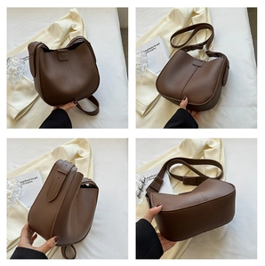 Detail view of dark brown pebbled leather hobo bag from four different angles