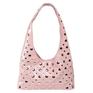 Pink punk hobo tote bag in oil wax leather with silver rivets and polished finish