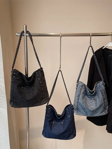 Denim crossbody bags with metal studs and chain straps in three vintage washes