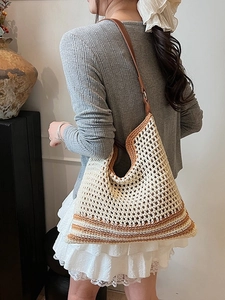 Handmade woven hobo shoulder bag with brown leather strap for summer beach beachwear