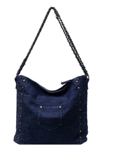 Dark blue denim hobo bag with gold studs and metal chain strap on white background
