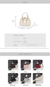 Size chart showing 19x14x8cm dimensions and PU material specs for the shell bag