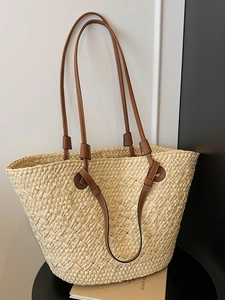 Women Woven Straw Tote Bag Large Capacity Handbag With Leather Strap Vacation Beach Shoulder Bag Bucket Bag For Summer