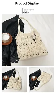 Detailed close-up of handmade cream crochet tote bag with dark wood beads and tassels
