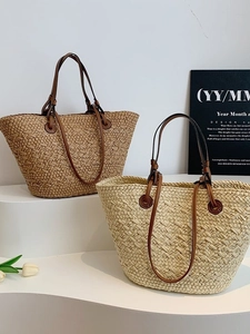 Minimalist woven straw tote bags with long leather handles for beach and casual vacation