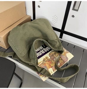Detail view of large army green canvas tote bag with thick strap for daily commute